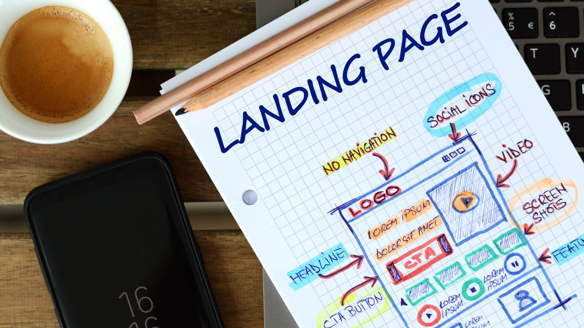 Desenvolvimento de página de destino - esboço de landing page em caderno - criacao de página de vendas